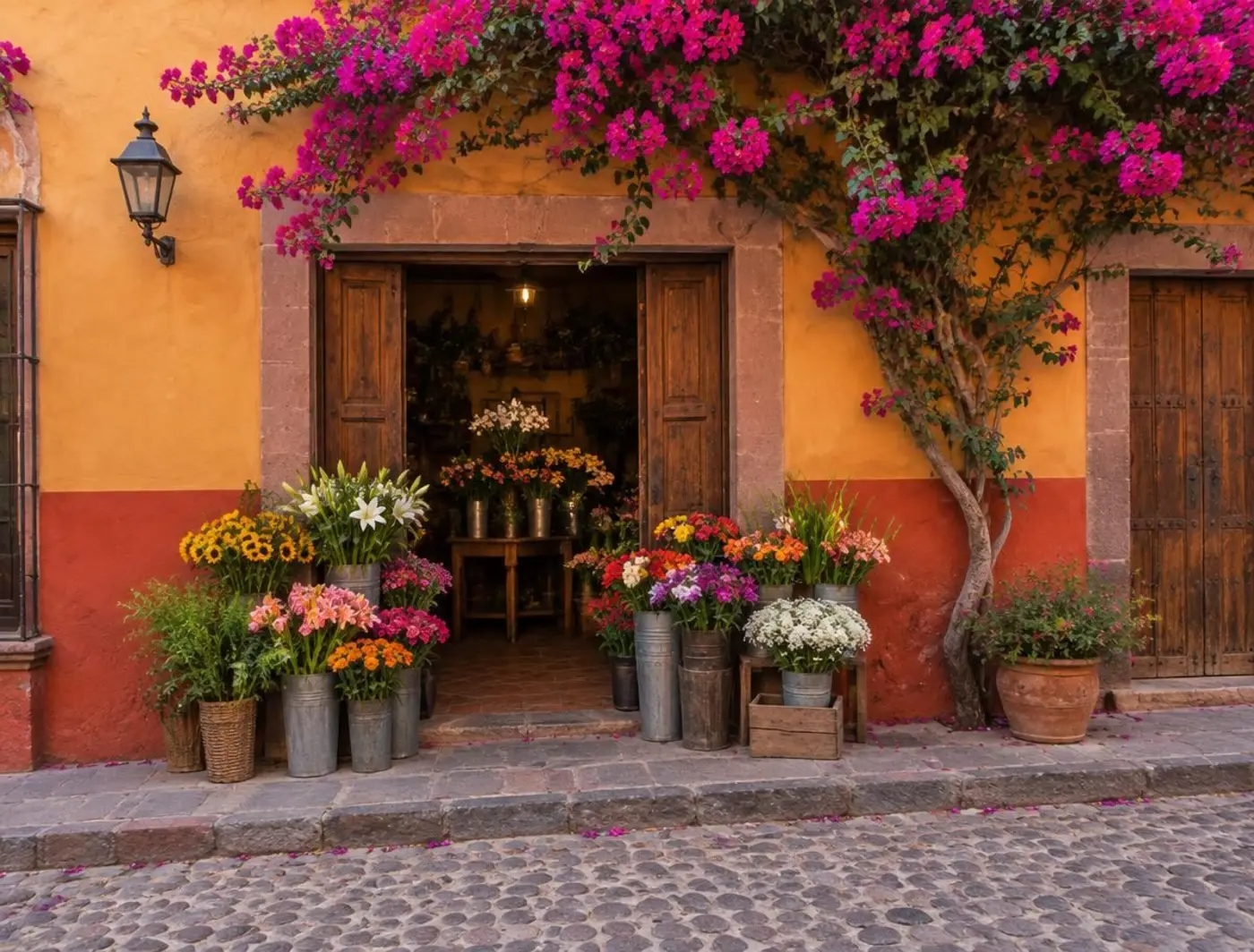 Fachada colonial ocre con bugambilia y cubetas de flores en la banqueta